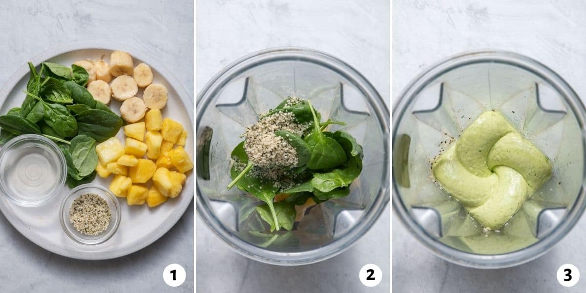 3 image collage to show the ingredients for making sweet green smoothie bowl, then in blender before and after blending