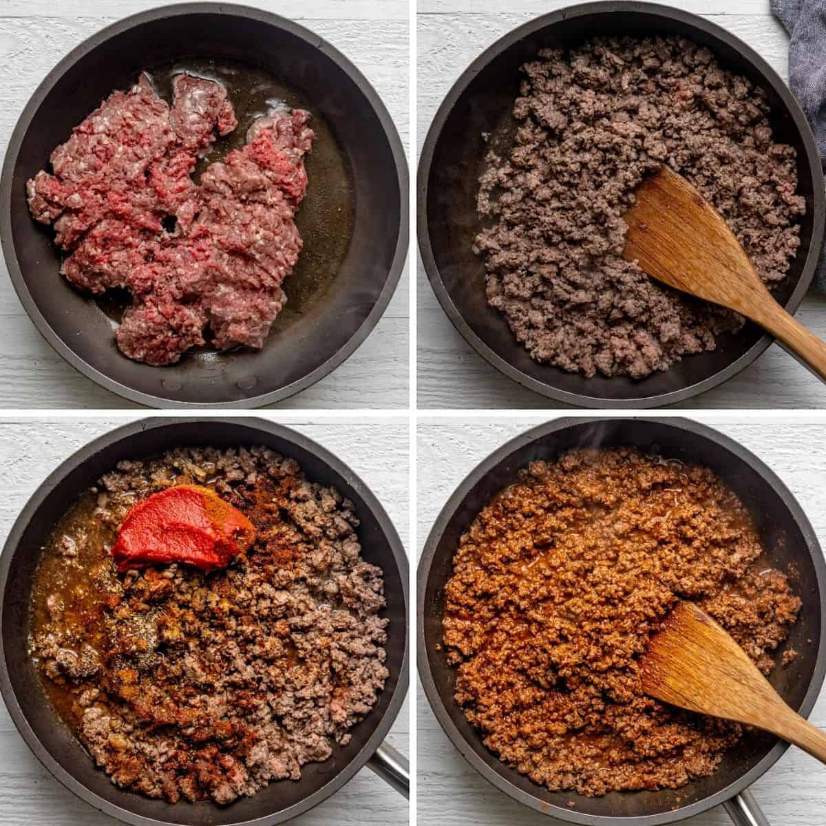 4 image collage to show how to make the taco meat in a skillet