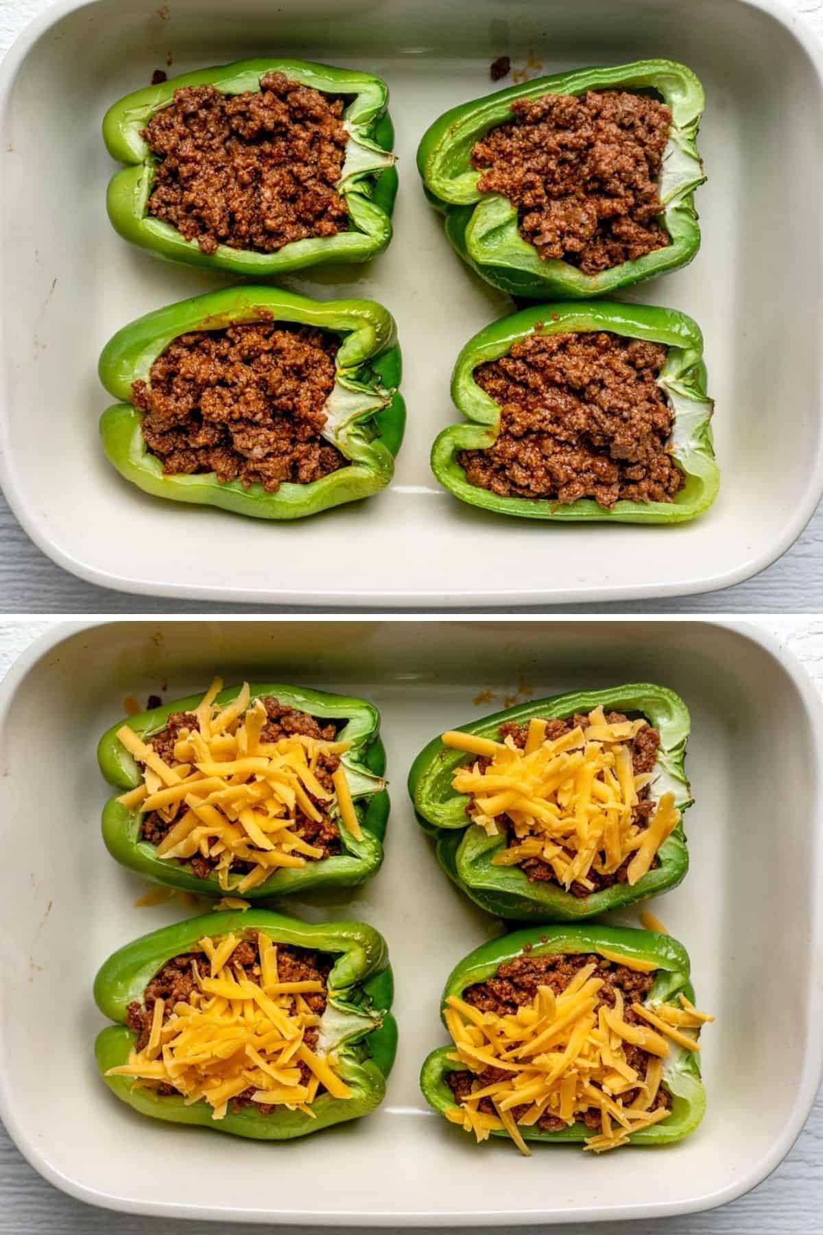 Two image collage to show how to layer the taco meat in the peppers and top with cheese