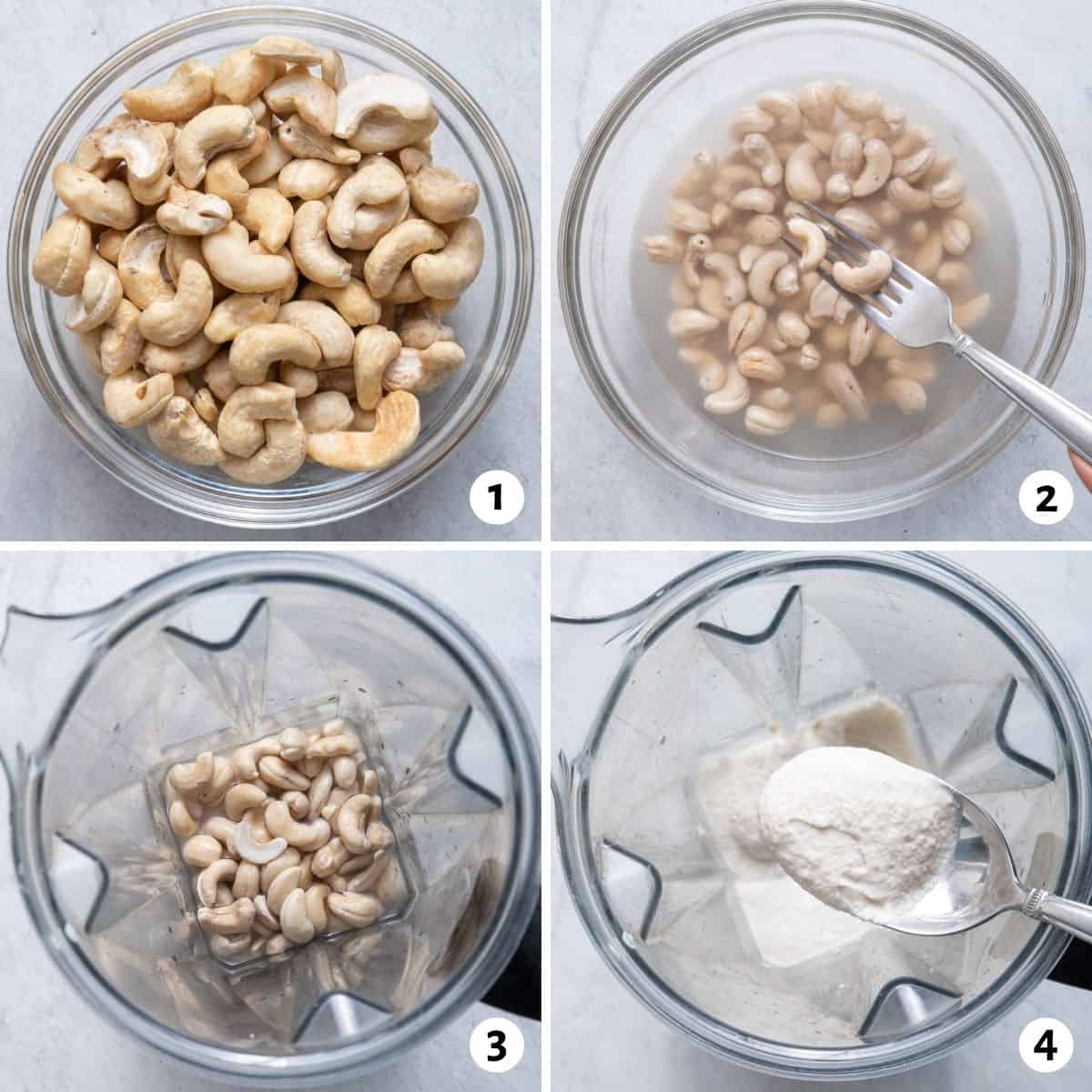 4 image collage to show how to make the cashew cream