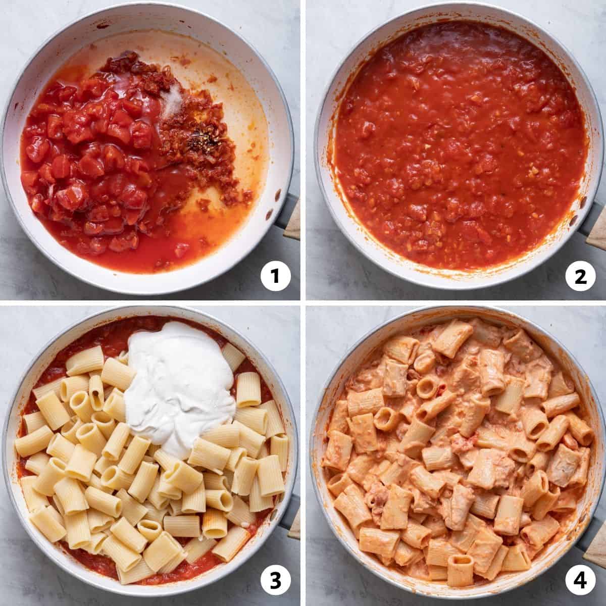 4 image collage to show how to make the tomato sauce and then combine with the cashew cream and pasta