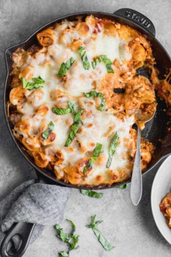 overhead shot of baked pasta with ground turkey in a skillet