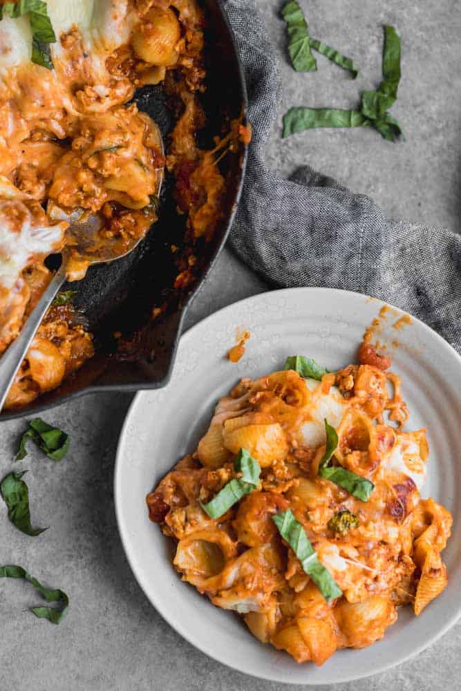 Turkey pasta served on a white plate