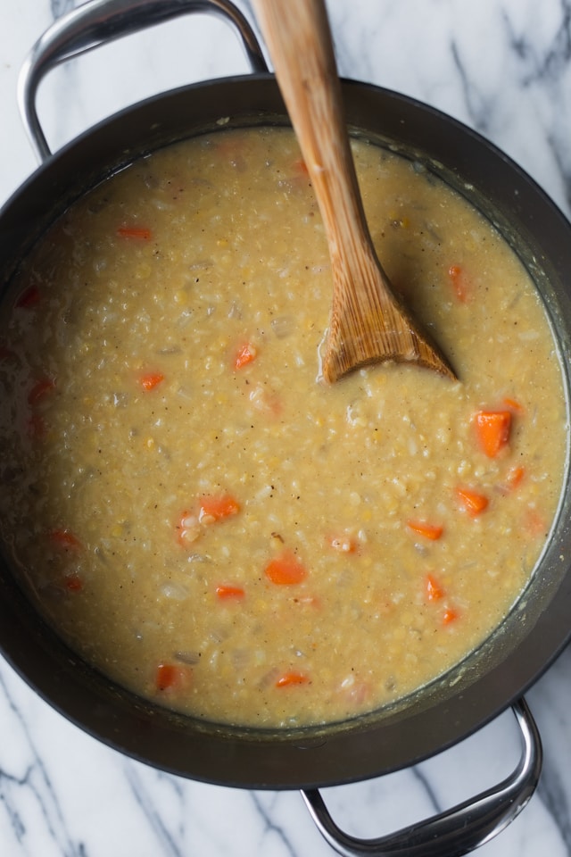 Large pot of cooked crushed lentil soup