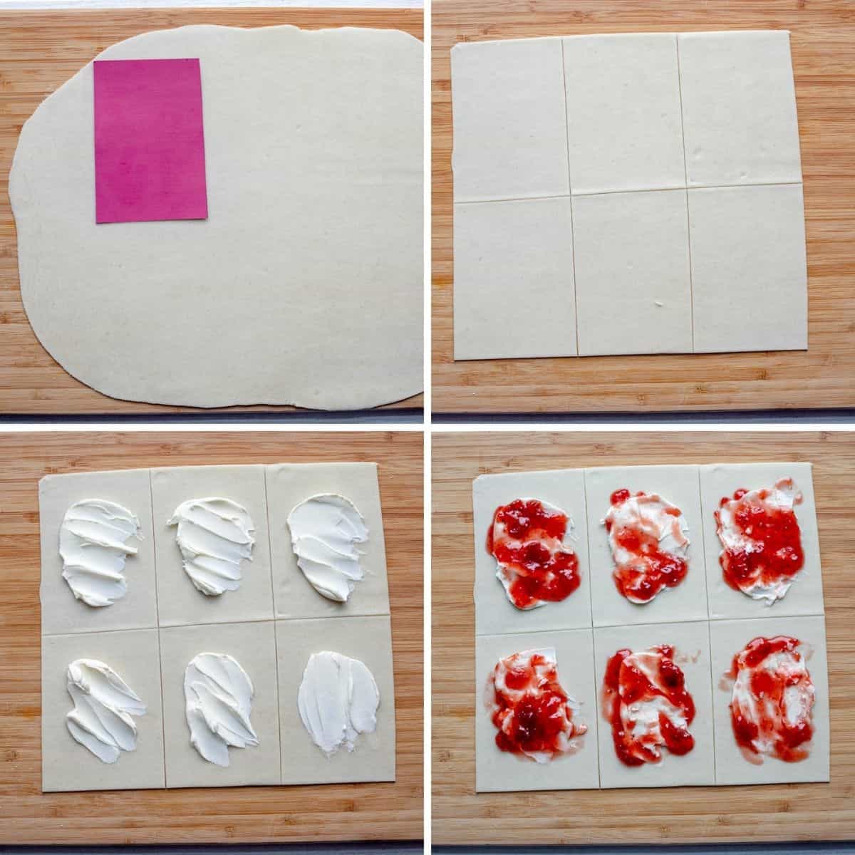 4 image collage to show how to cut out the shape and add the filling