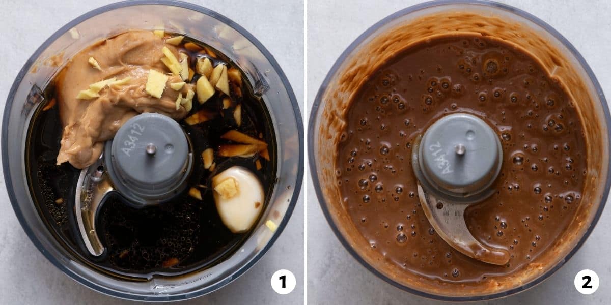 2 image collage to show the peanut dressing in a food processor before and after blending