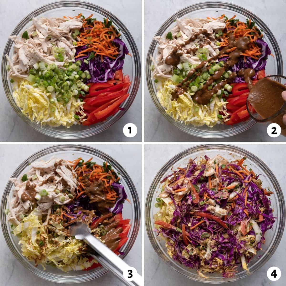 4 image collage to show ho to assemble the salad