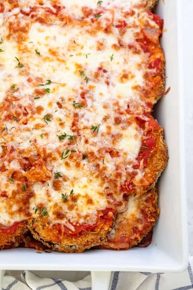 Baked eggplant parmesan after coming out of the oven