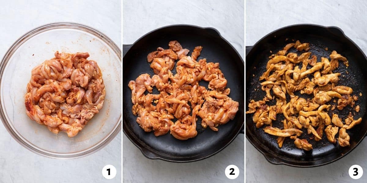 3 image collage to show how to marinade chicken with shawarma seasoning, transfer to cast iron skillet and then cook in the skillet