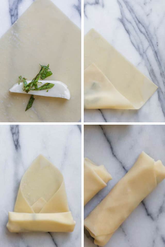 Grid showing the steps to fold zaatar spring rolls