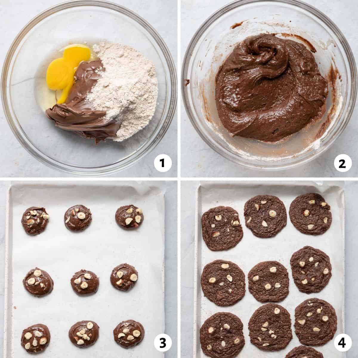4 image collage to show the batter before and after mixing, and then the cookies before and after baking