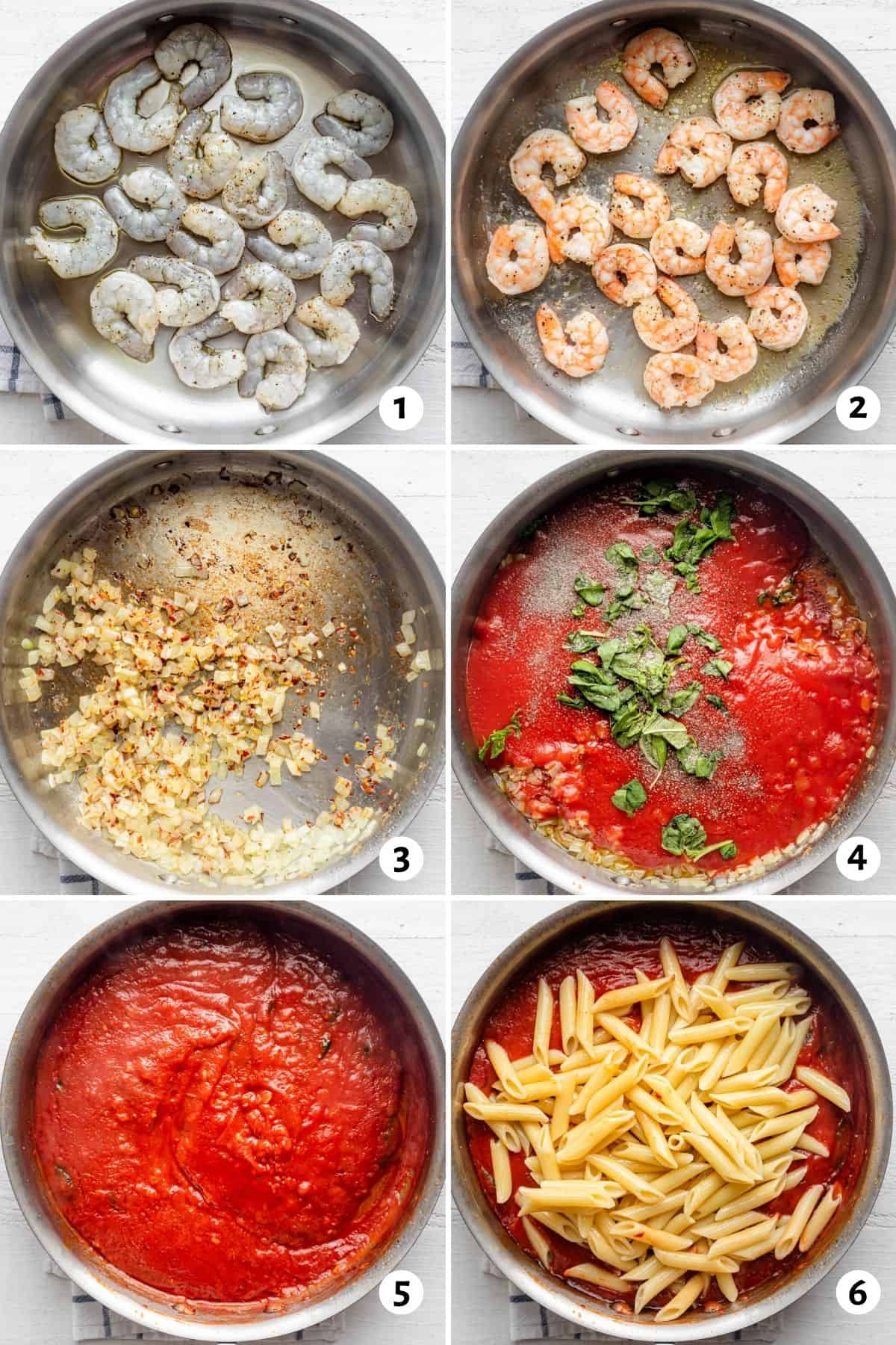 6 image collage to show how to make the recipe in one pan from the shrimp, to the sauce and finally adding in the pasta