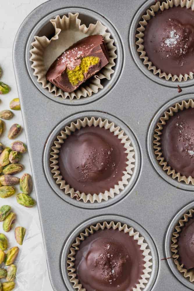 The chocolate pistachio butter cups after fully hardened.