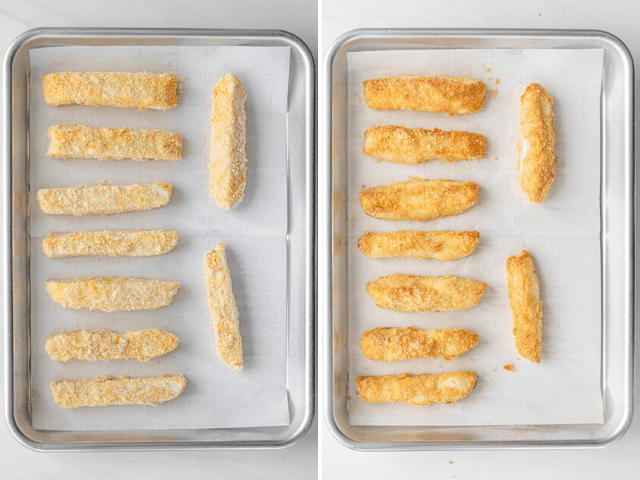 collage of halloumi fries before and after baking