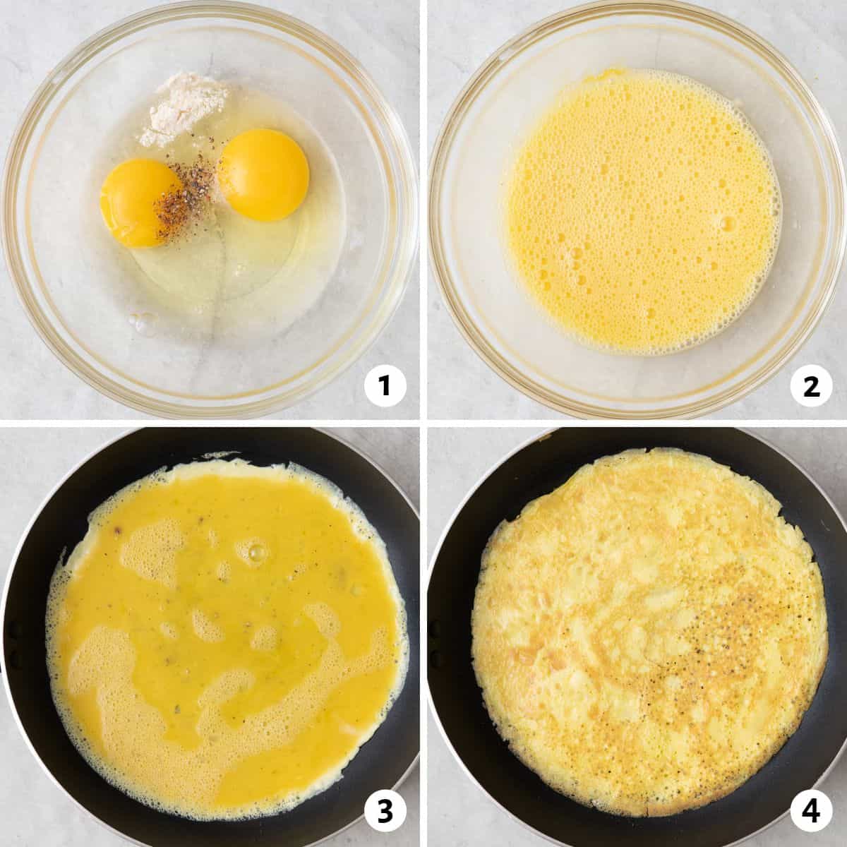4 image collage making recipe: 1- egg mixture ingredients in small bowl before mixing, 2- egg mixture after mixing, 3- with it poured in pan, 4- after being flipped.