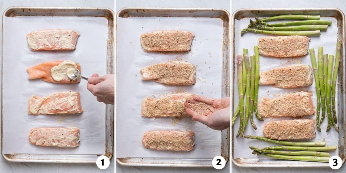 3 image collage to show how to marinade the salmon and then bake