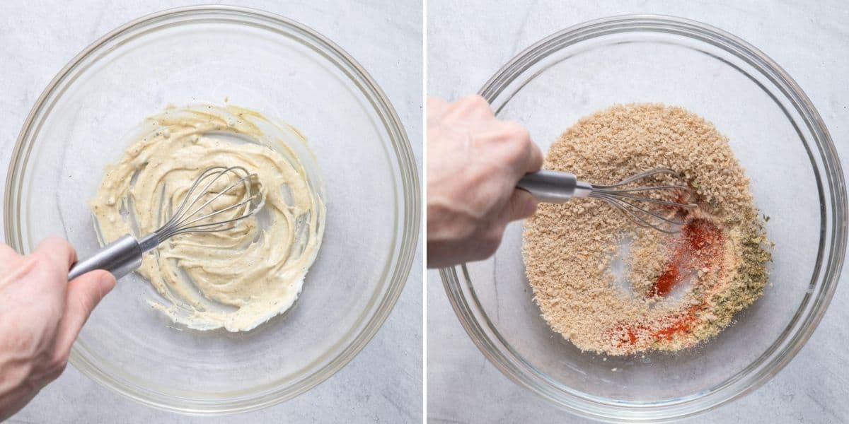 2 image collage showing the mayo mixture getting whisked and the panko mixture getting whisked