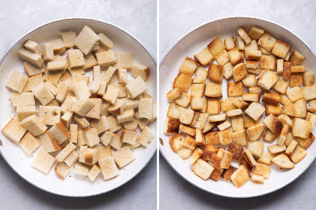 2 image collage of the croutons before and after frying on the stovetop