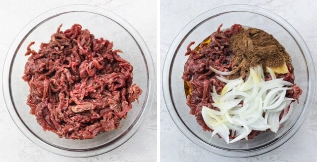 Collage of two images showing the beef shawarma meat first on its own and then covered with sliced onions, lemon slices and spices.