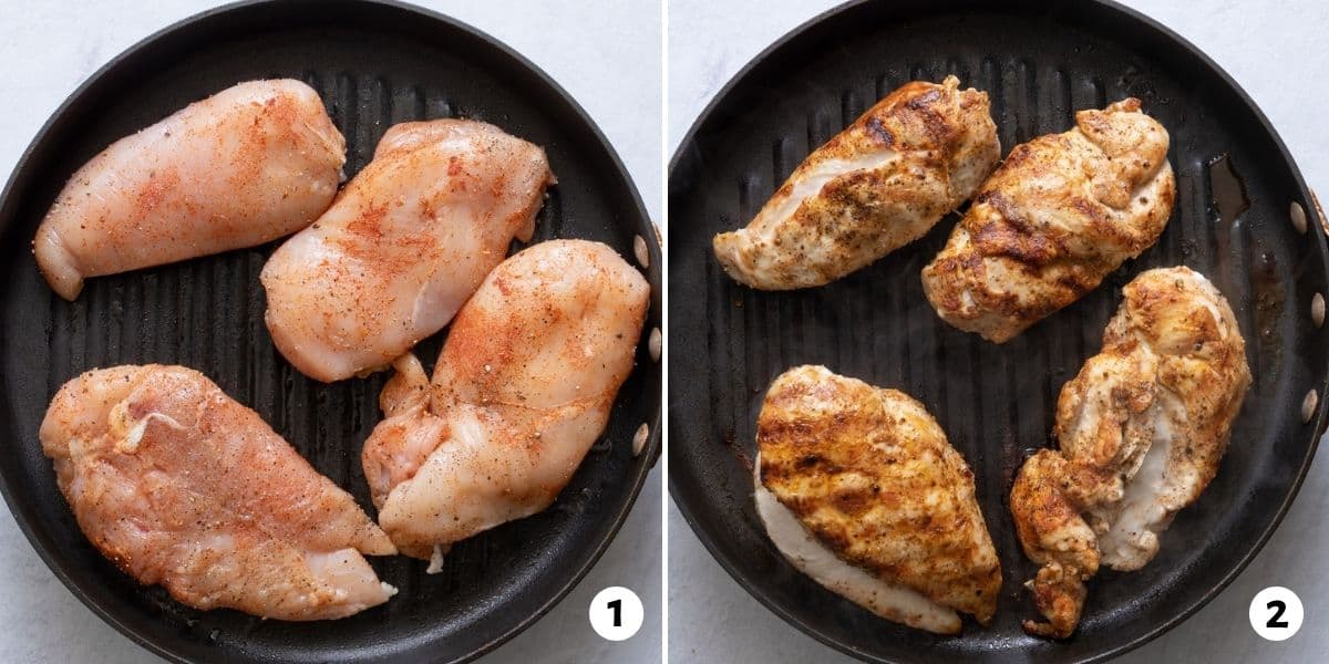 2 image collage of chicken before and after being cooked in a grill pan.