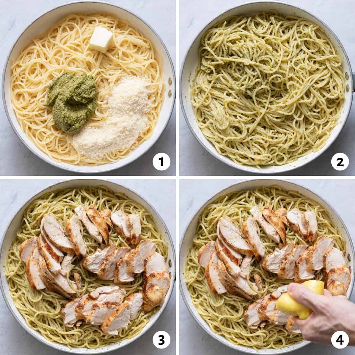 Pesto sauce tossed with linguine pasta in a pot on the left with grilled chicken pieces cut up on the right