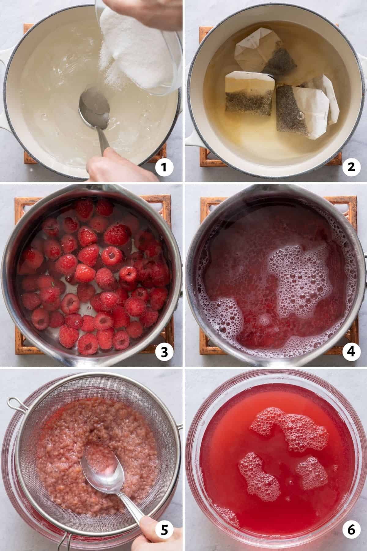 6 image collage of steps to making tea recipe: add sugar to boiling water, add raspberries, cook down raspberries, pour through fine mesh sieve, then remaining juice is ready for tea.