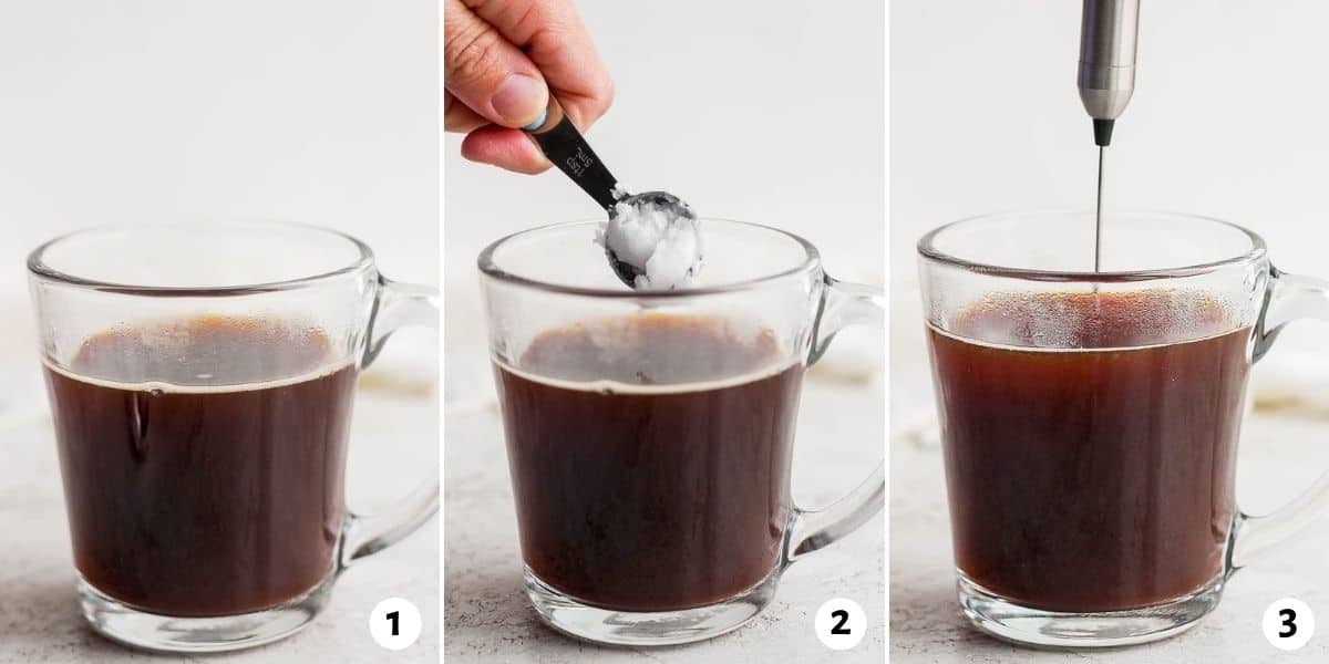3 image collage to show the cup of coffee, adding coconut to it and then whisking it together