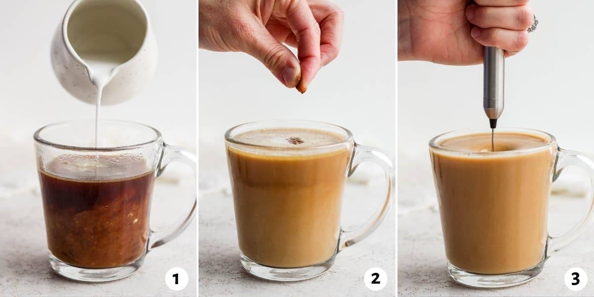 3 image collage to show adding milk to the coconut oil coffee, adding spices and then frothing it