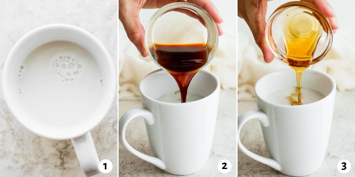 3 image collage to show the warmed milk, adding the espresso and adding the sweetener