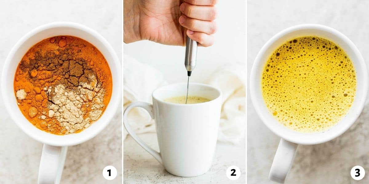 3 image collage to show how to add the spices, froth it and the final product