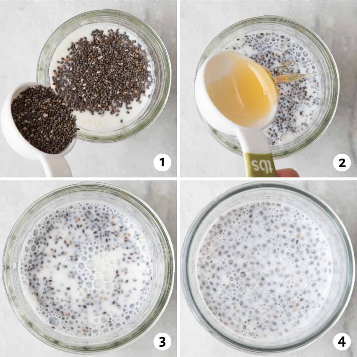4 image collage making recipe in a jar: 1- chia seeds sprinkled on top from a tablespoon, 2- honey being added, 3- chia pudding after mixed before set, 4- chia pudding after set.