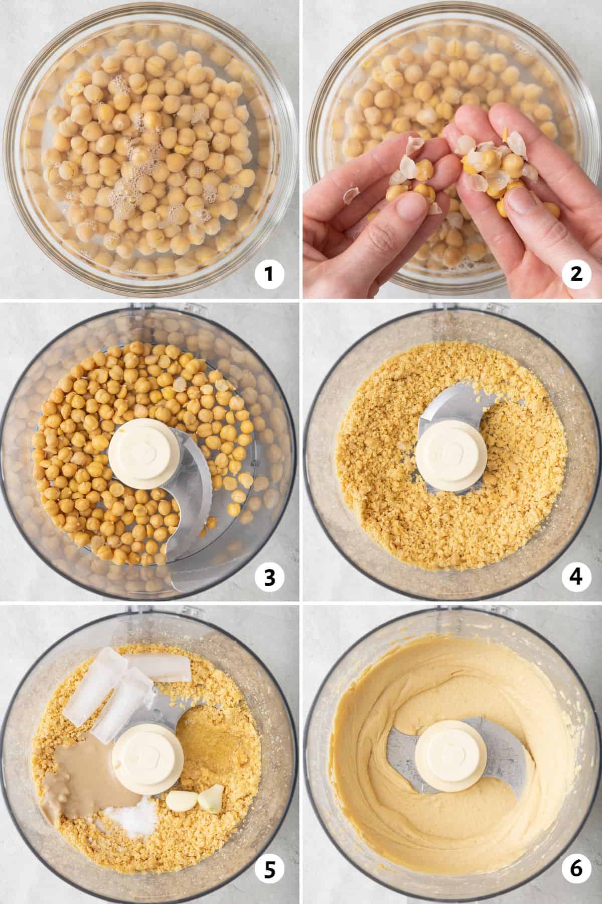 6 image collage making recipe: 1- chickpeas in water, 2- hands removing casing from chickpeas, 3- chickpeas in a food processor before pulsing, 4- after pulsing, 5- remaing ingredients added, 6- after blended smooth.