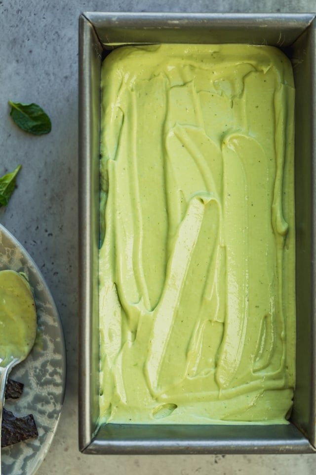 Avocado ice cream after being blended and poured into a loaf pan - ready for the freezer