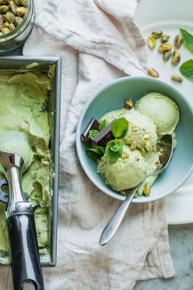 Avocado ice cream served in a blue bowl