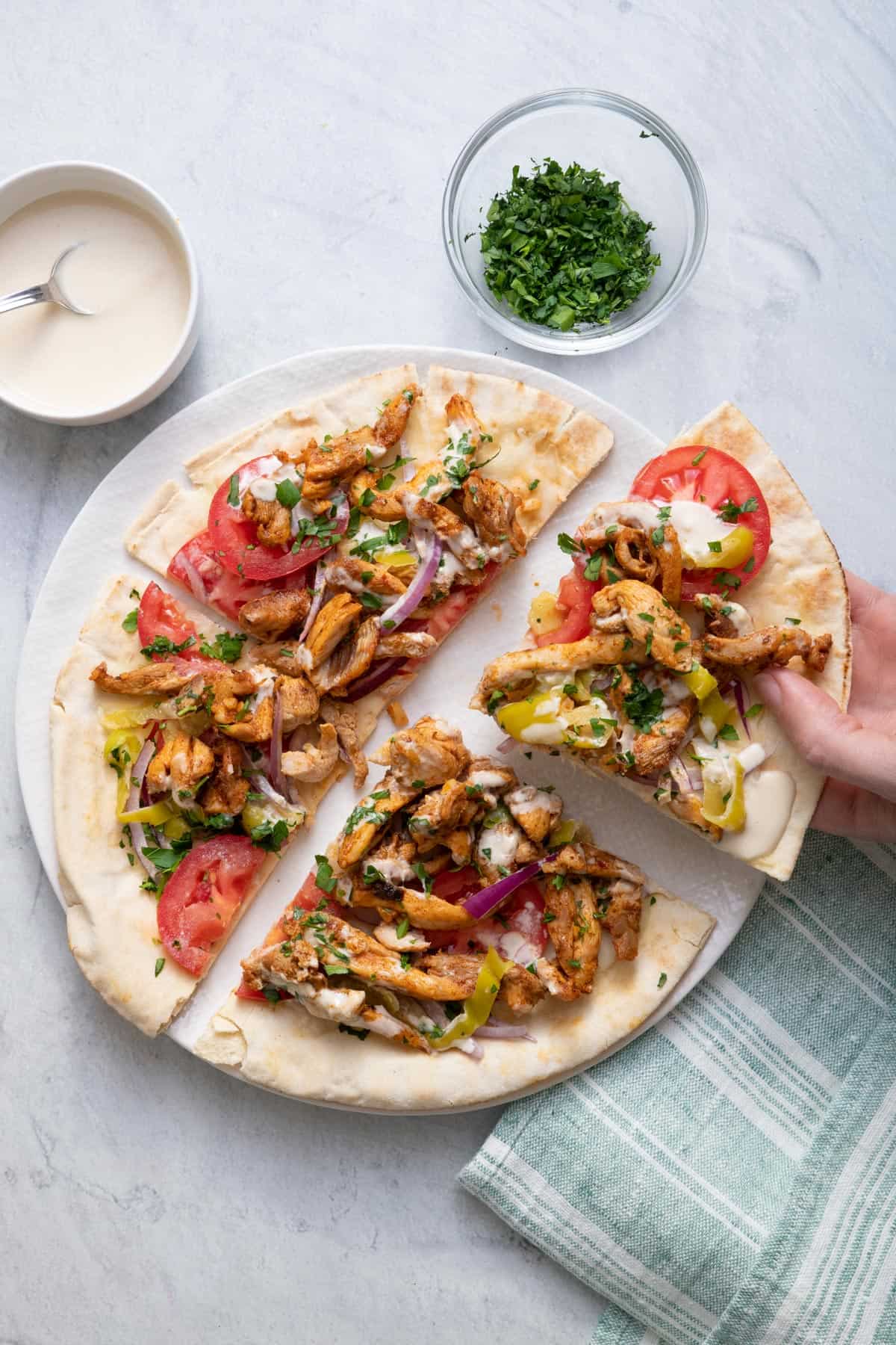 Chicken Shawarma Pita Pizza {With Tahini} - Feel Good Foodie