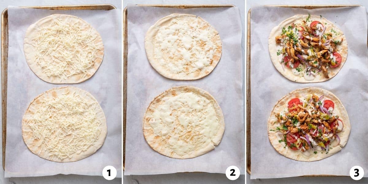 3 image collage to show the pita bread on a baking sheet with cheese, then the cheese melted, then the toppings added