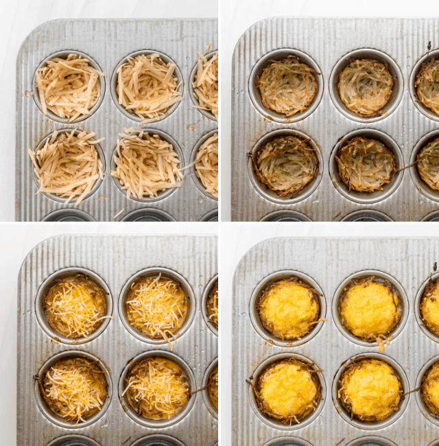 Process shots showing how to make the egg nests in a muffin tin