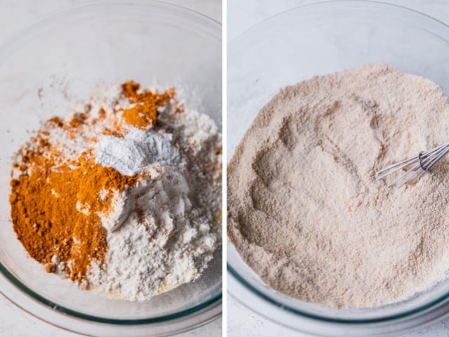 Collage of two images showing the dry ingredients before and after mixing