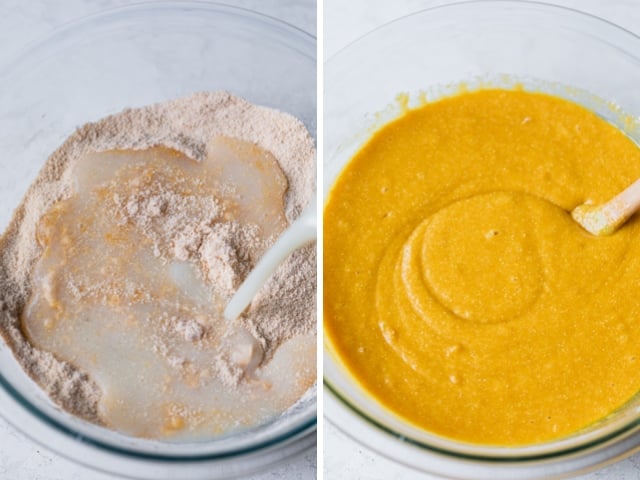 Collage of two images showing sfouf batter before and after mixing