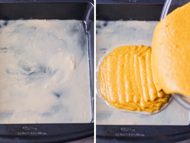 Collage of two images showing the pan greased with tahini and the batter getting poured over the tahini