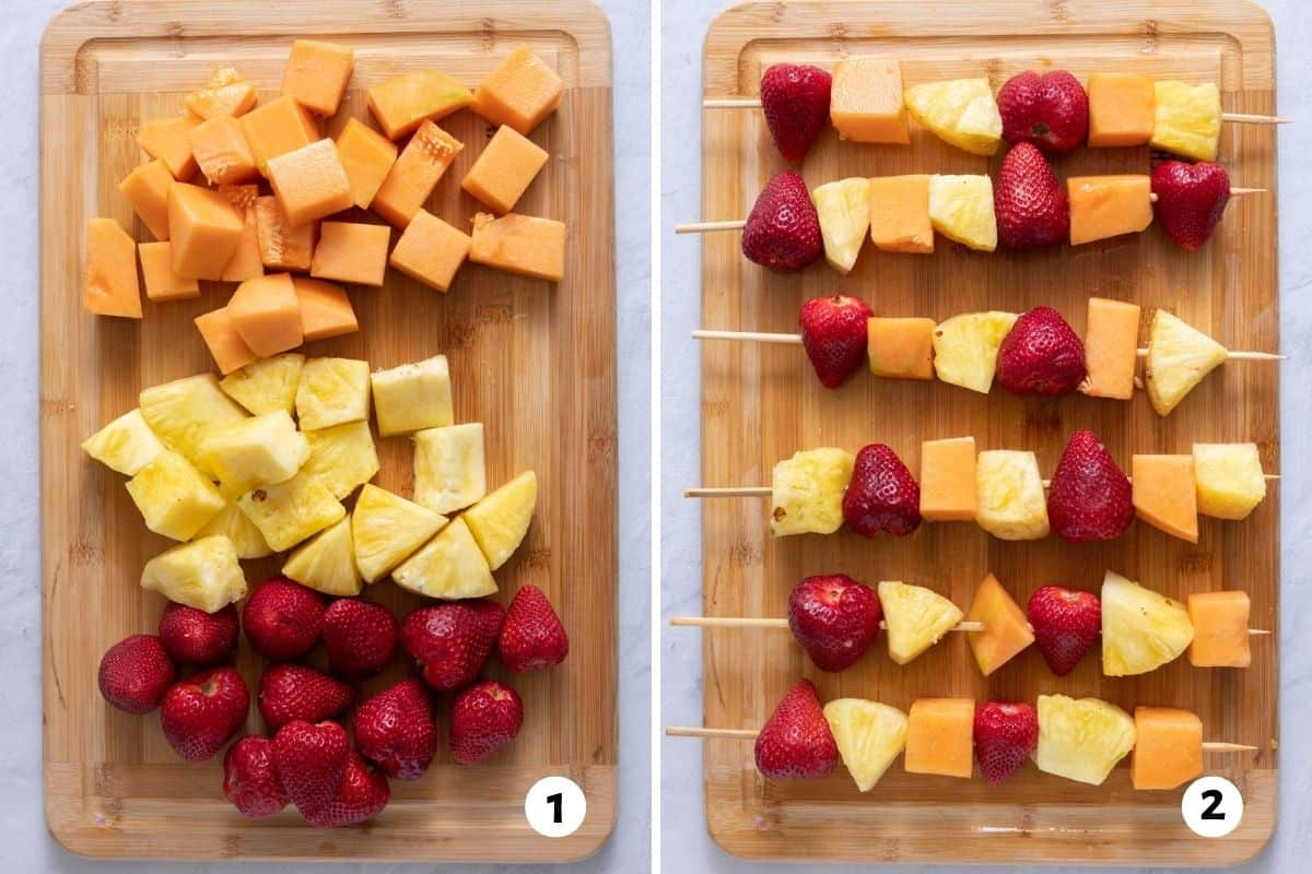 2 image collage showing prepared cantaloupe, pineapple chunks, and whole strawberries and then prepped onto skewers.
