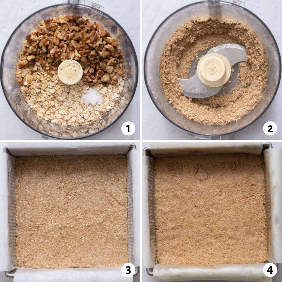 4 image collage to show how to make the crust with nuts, oats and coconut oil