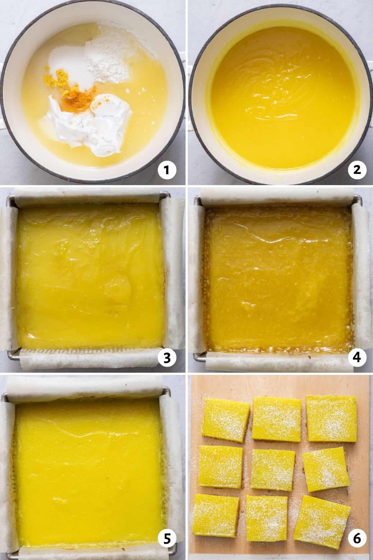 6 image collage to show how to make the lemon filling, then transfer it to baking dish and bake and then slice into bars