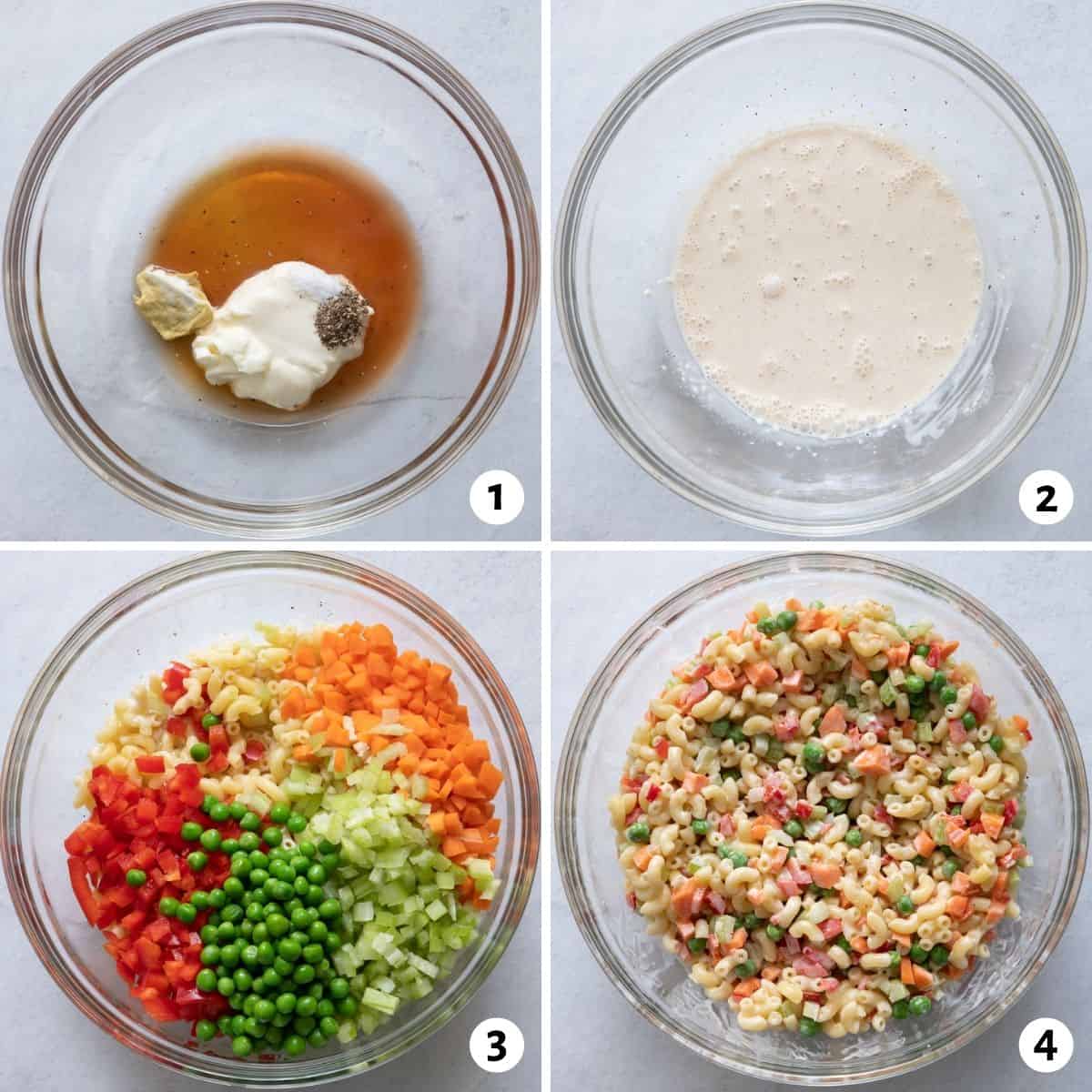 4 image collage on how to mix dressing and toss with pasta and veggies in one bowl.