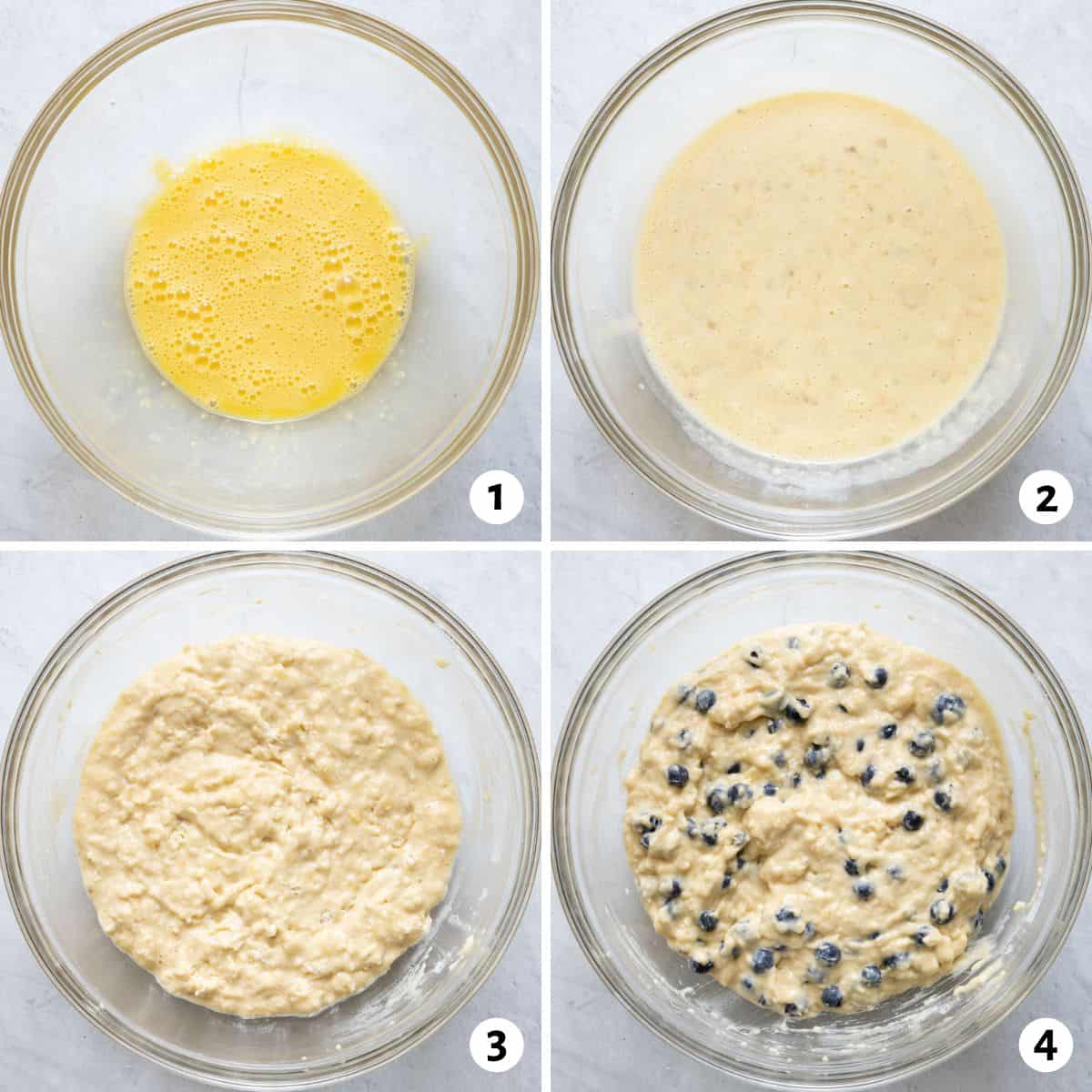 4 image collage showing: 1. Whisked eggs, 2. Remaining wet ingredients whisked in, 3. Flour folded into wet mix, and 4. Blueberries folded in.