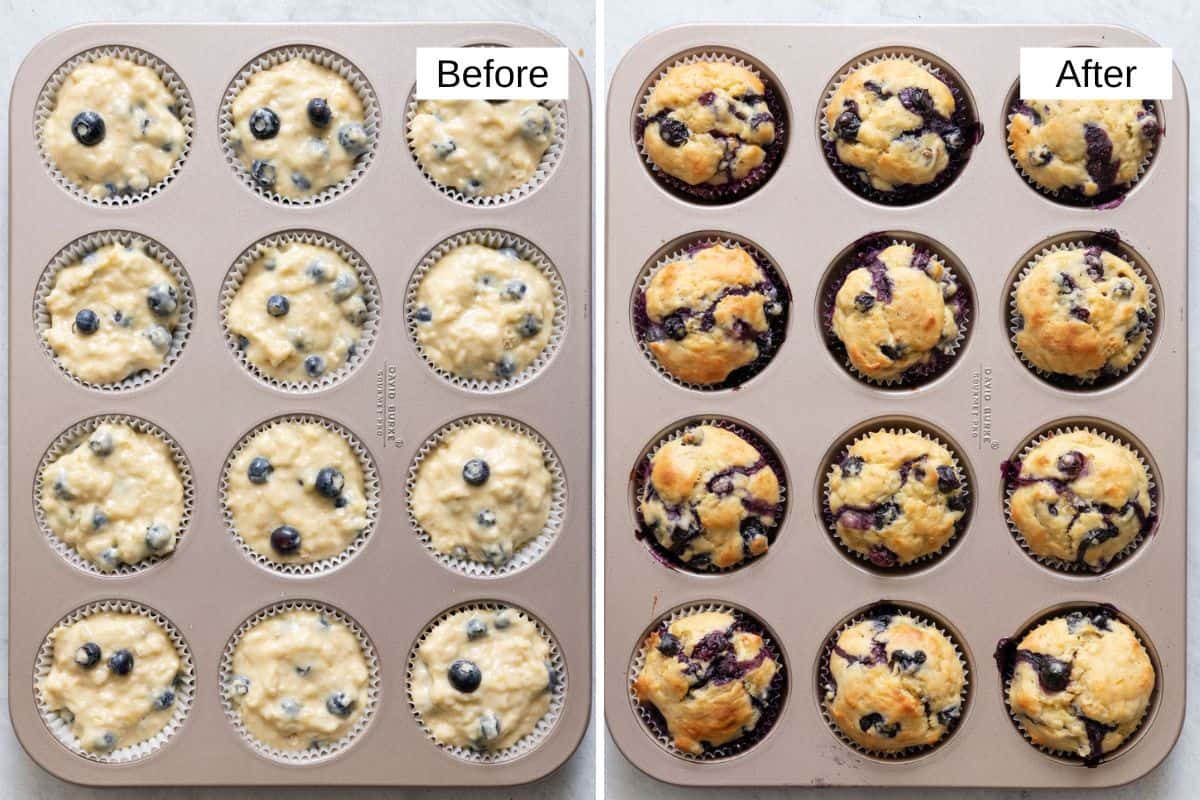 Before and after collage of muffins in a baking cup lined cupcake pan.