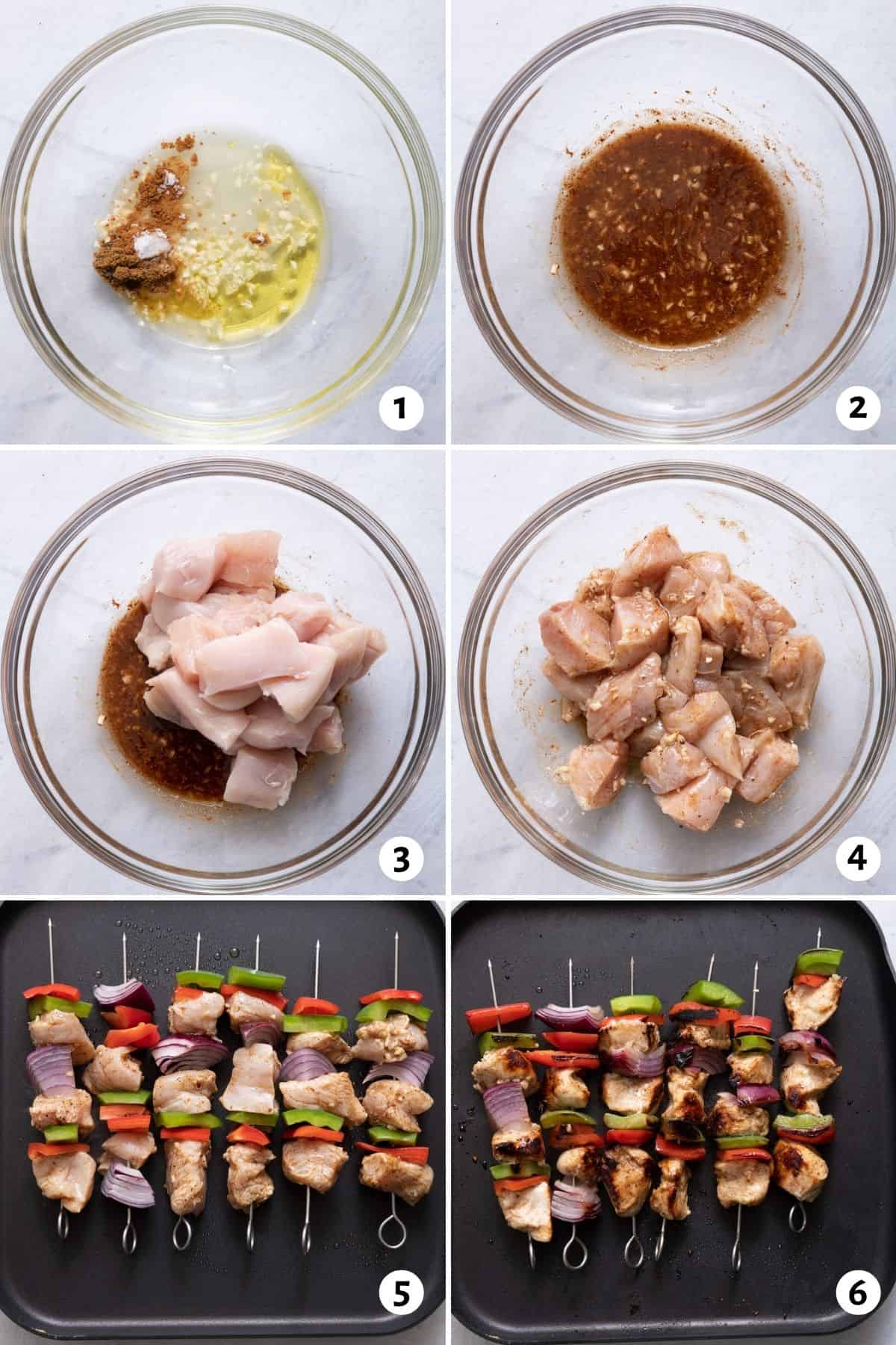 6 image collage to show how to marinate and cook the kabobs