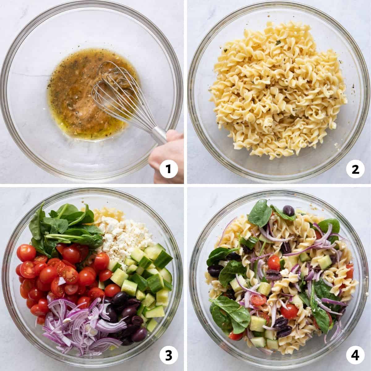 4 image collage on how to mix pasta salad ingredients together in one bowl.