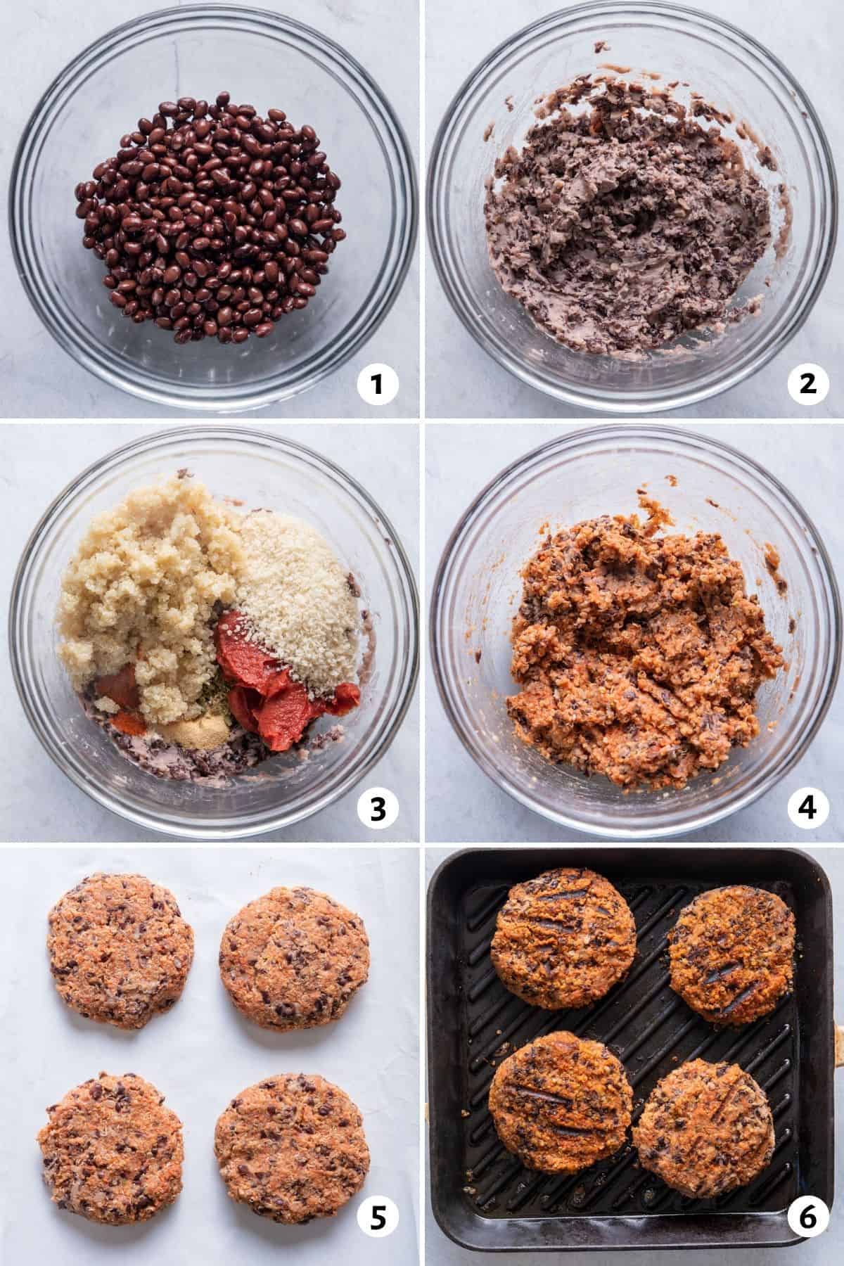 6 image collage to show how to mash the beans, mix with the other ingredients, form patties and cook the patties on a skillet