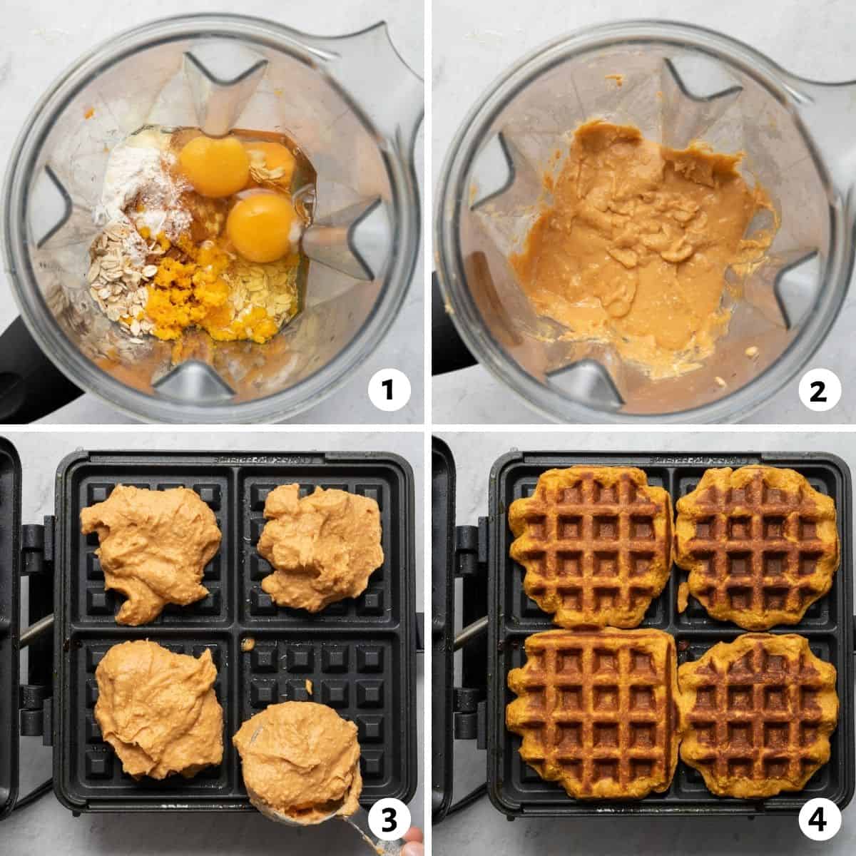 4 image collage to show how to make the batter and then cook it in waffle machine